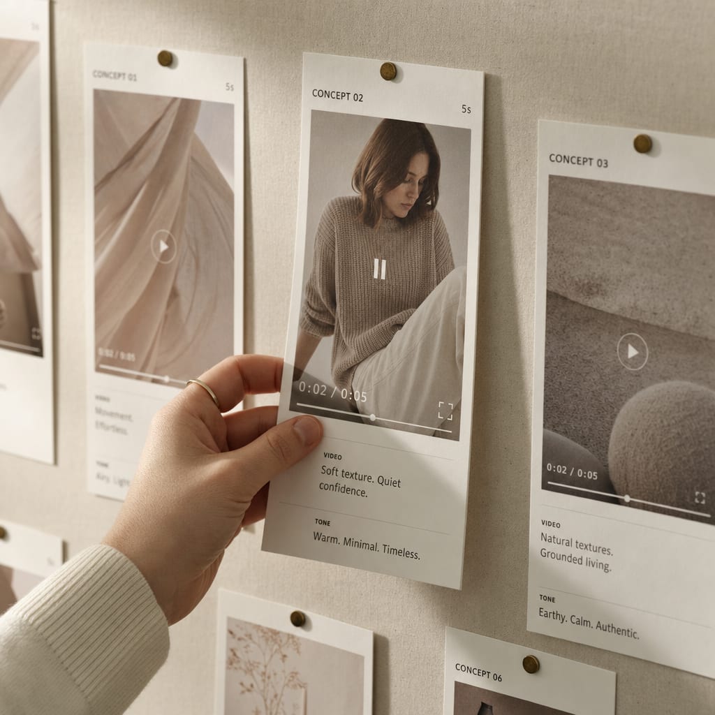A hand pinning a small printed storyboard card to a fabric pinboard beside other ad concept cards.