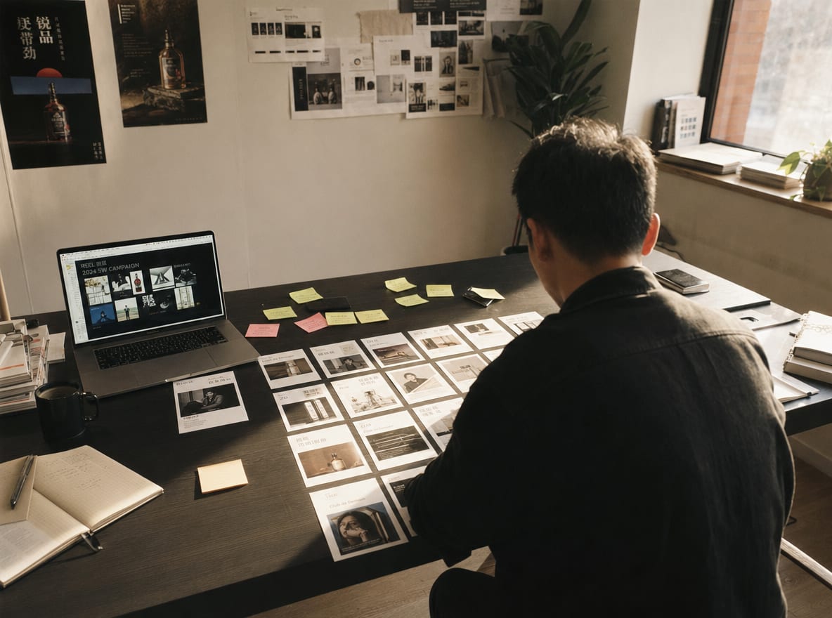 An art director leaning over a long worktable of printed ad-creative variants, post-its and a laptop in a Shanghai design studio.