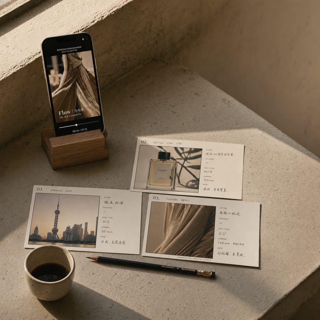 Overhead view of a creative workspace with a phone showing a paused vertical-video ad.