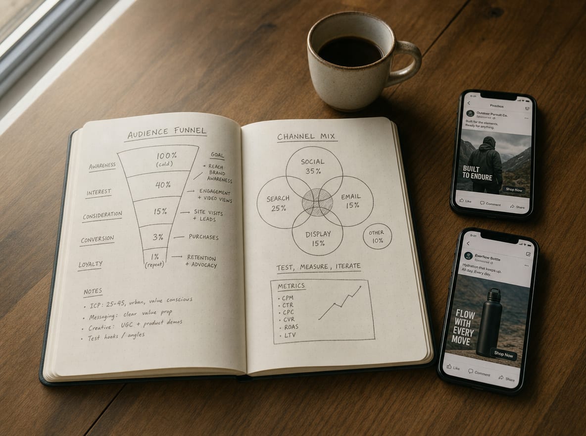 An open notebook with hand-drawn audience-funnel diagrams beside two smartphones showing competitor ad screenshots.