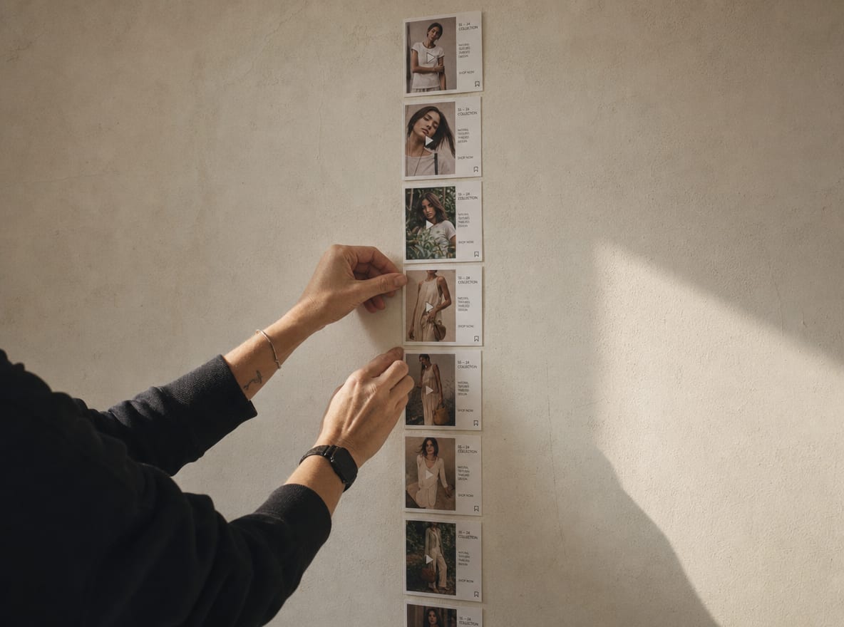 An art director arranging printed ad-creative storyboard cards into a single concept territory on a plaster wall.