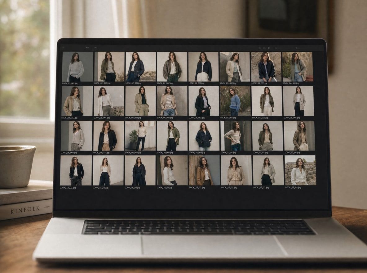 A laptop screen showing a dense grid of generated ad-creative variants, the same model in many subtle styling variations.