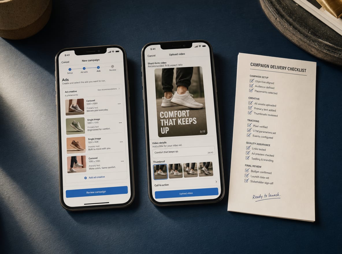 Two smartphones on a deep navy desk showing a social-ads launch interface and a short-form-video upload screen.