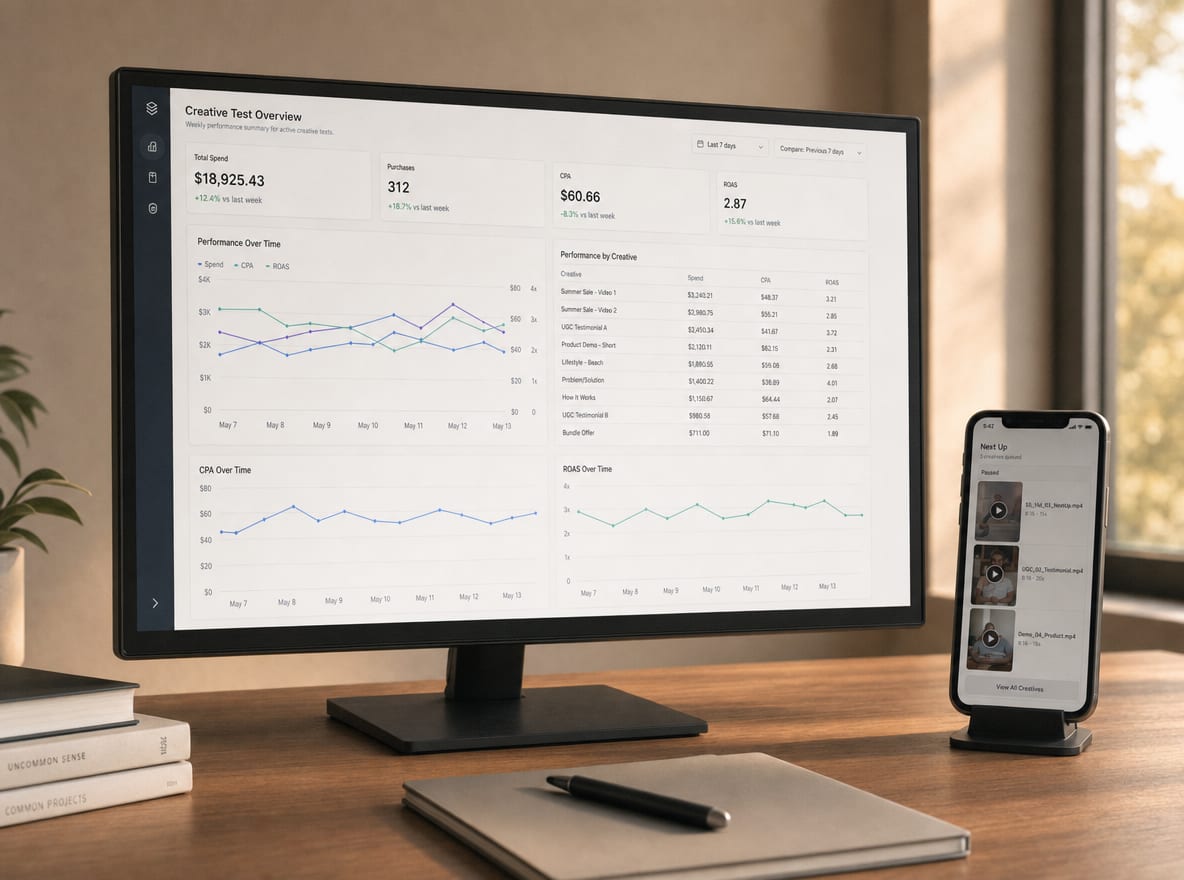 A performance dashboard on a monitor beside a smartphone showing the next batch of three fresh ad creatives queued for launch.