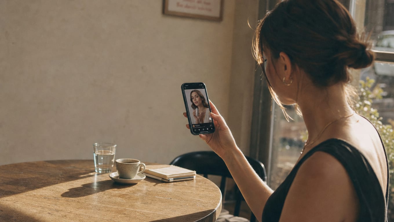 A young woman at a sunlit cafe table holding a phone showing a paused vertical-video beauty ad.