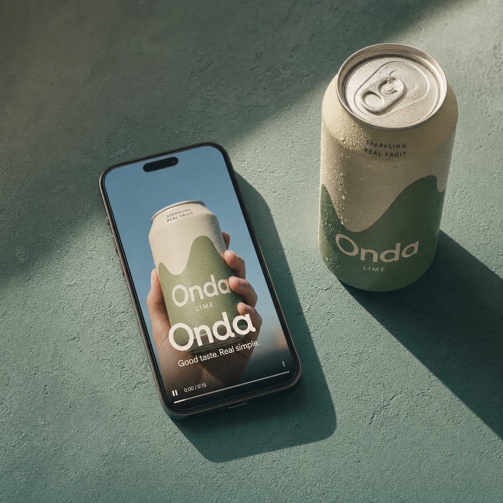 A smartphone laid beside a chilled aluminium drink can on teal concrete, the screen showing a hero static for Drift.