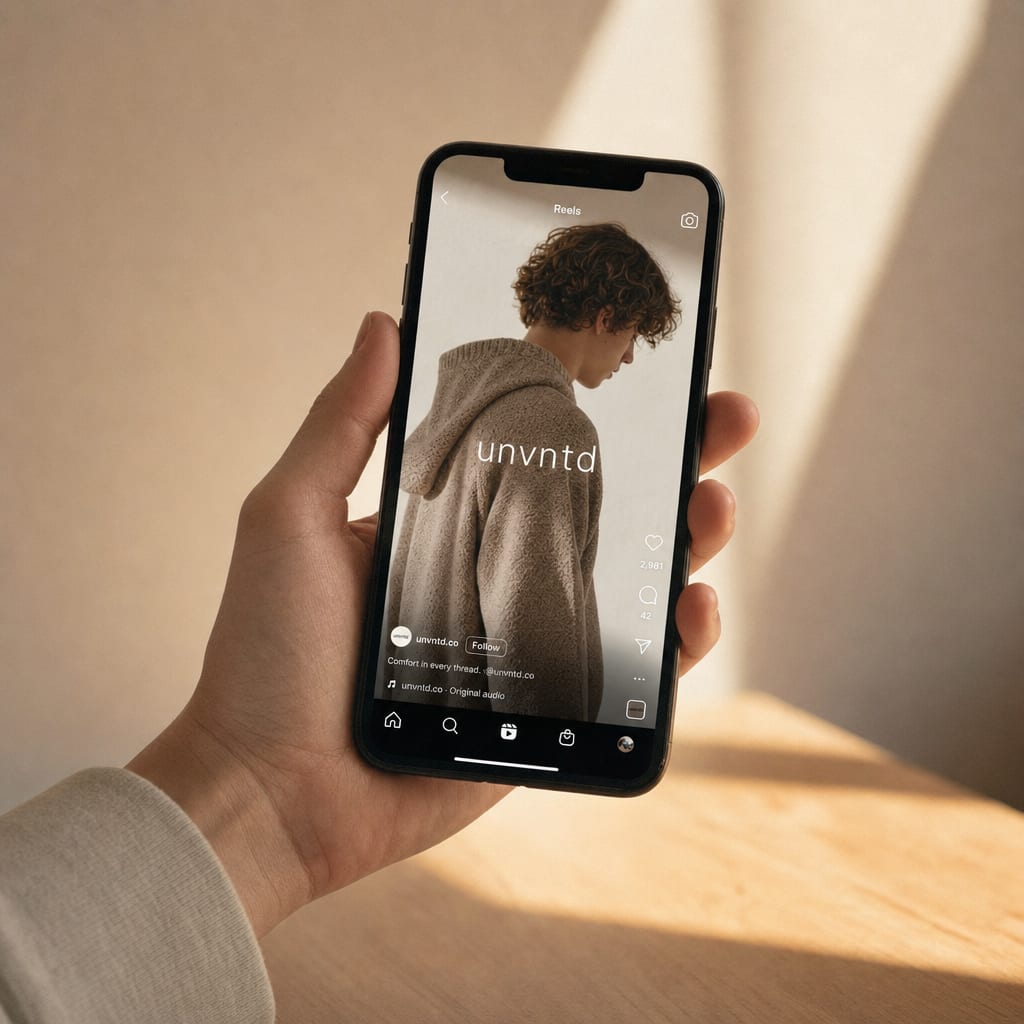 A smartphone playing a paused short-form video ad for an apparel brand, an example of platform-native creative.