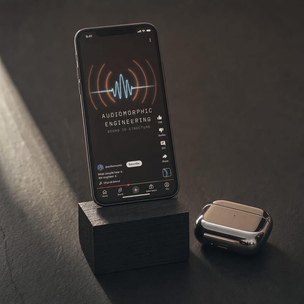 A smartphone on a black slate beside a small chrome earbud case, the screen showing a paused short-form video for Kora.