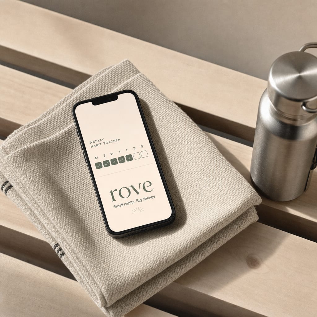 A smartphone on a folded gym towel beside a steel water bottle, screen showing a static habit-tracker ad for Loop.