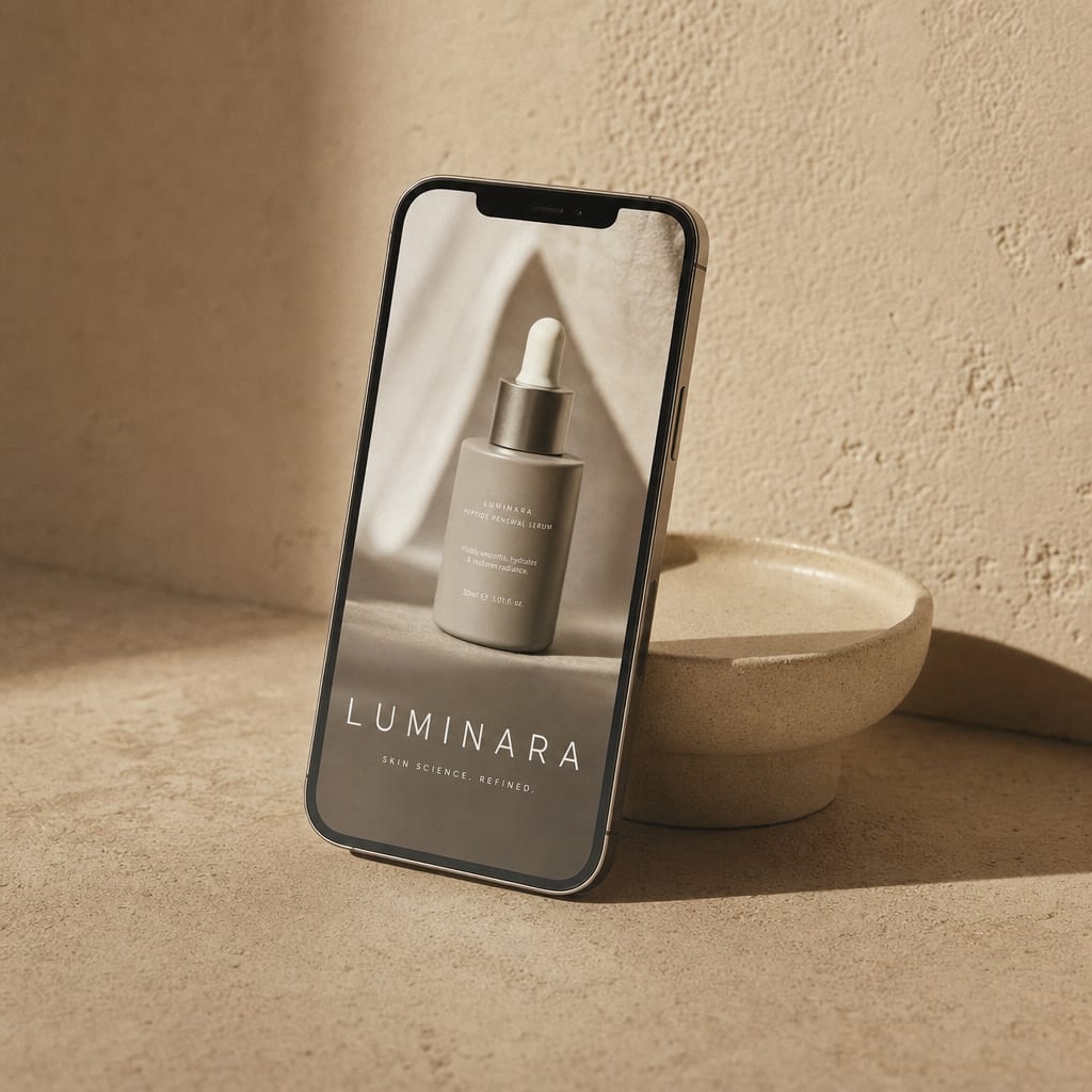 A smartphone propped on a plaster ledge showing a clean static ad for a skincare brand, an example of cross-border creative.