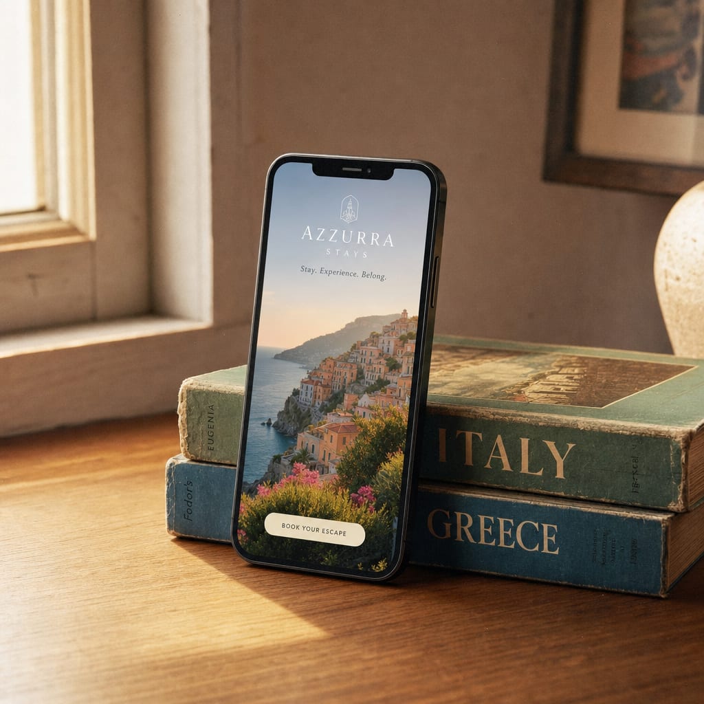 A smartphone propped against vintage travel guides showing a Pinterest pin-format ad for the Vesper travel app.