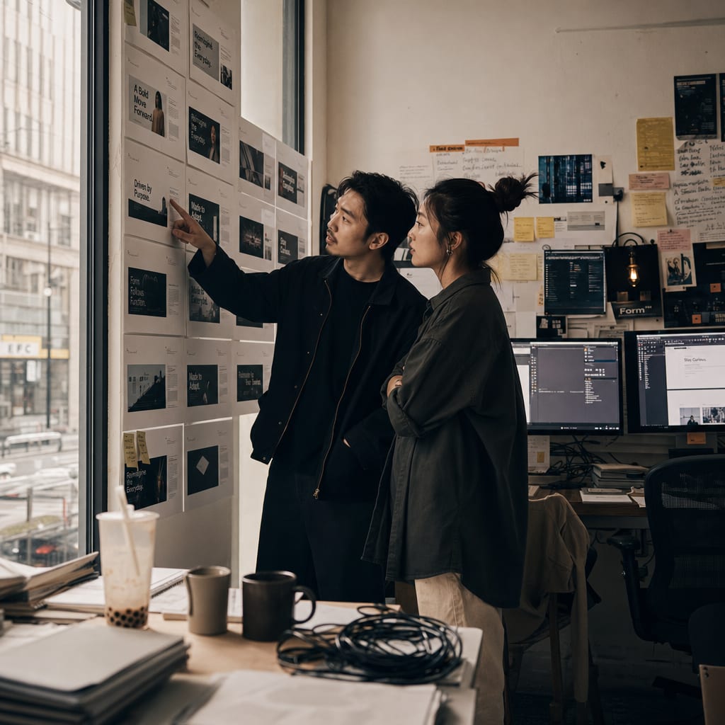 An agency creative director directing a project from a laptop in a busy open studio.