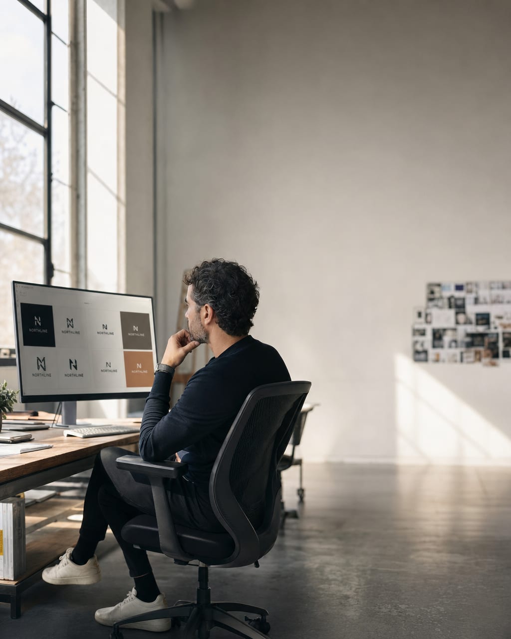 A creative director reviewing brand image variations on calibrated monitors in a daylit studio.