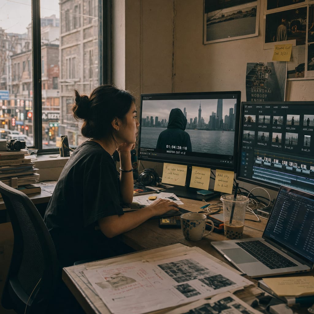 An editor reviewing a paused master cut with vertical and square variations in the timeline.