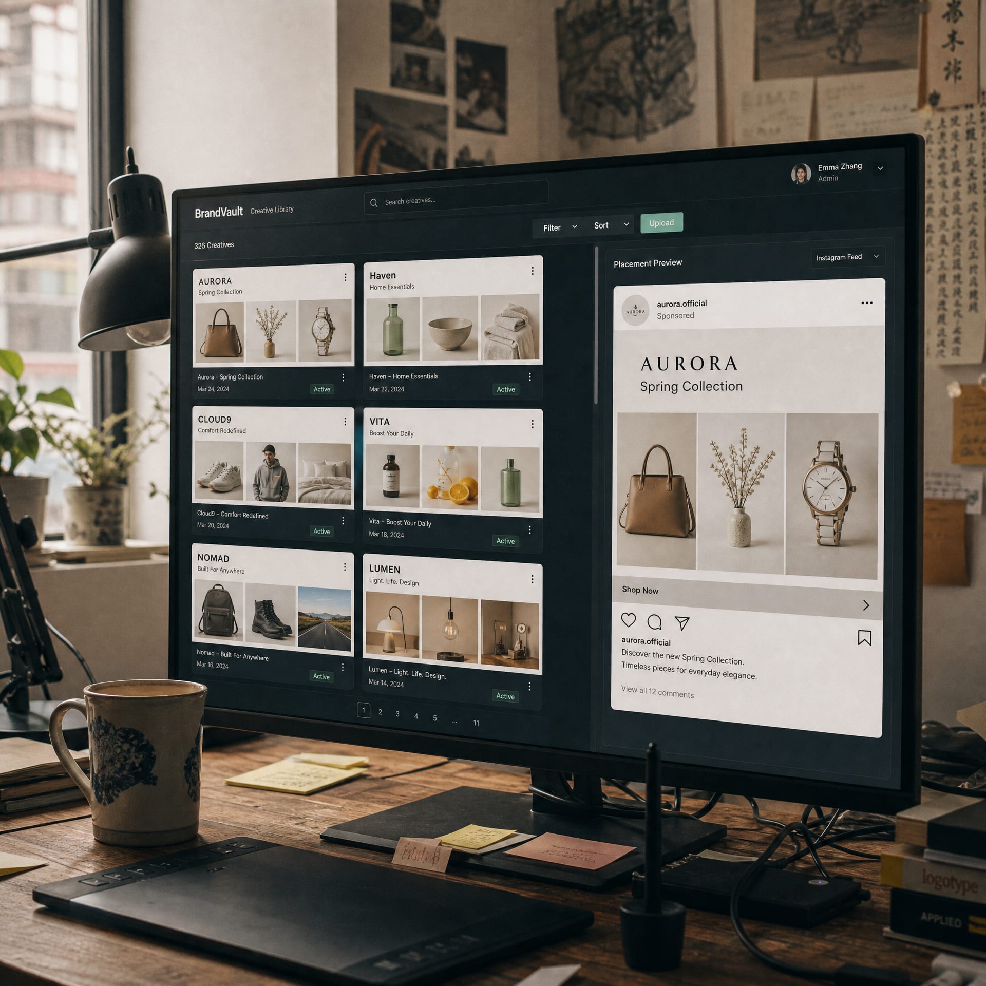 A wide monitor showing the Amazon advertising console creative library, a grid of Sponsored Brands banners and Sponsored Display ad variants lined up in the placement preview panel.