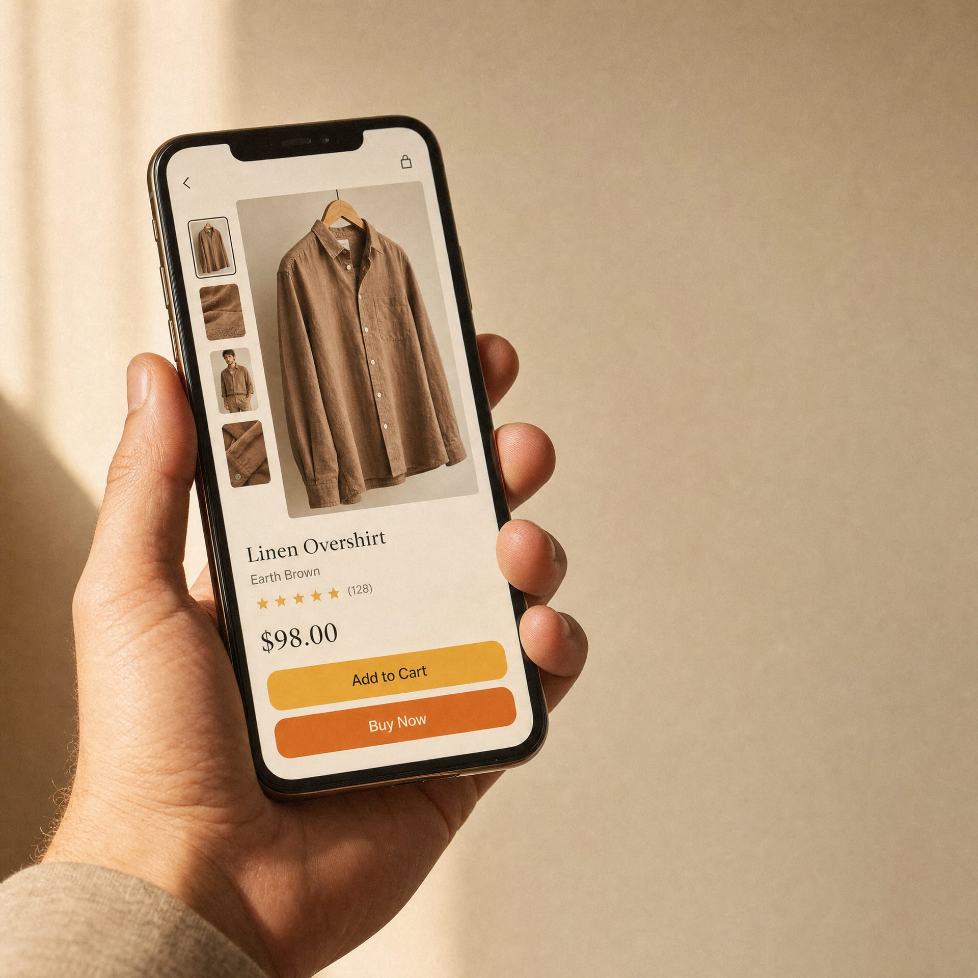 A close editorial portrait of a hand holding a phone in warm rim light, the phone screen filled with an Amazon product detail page showing the image thumbnail strip, the star rating row, the price block and the stacked Add to Cart and Buy Now buttons.