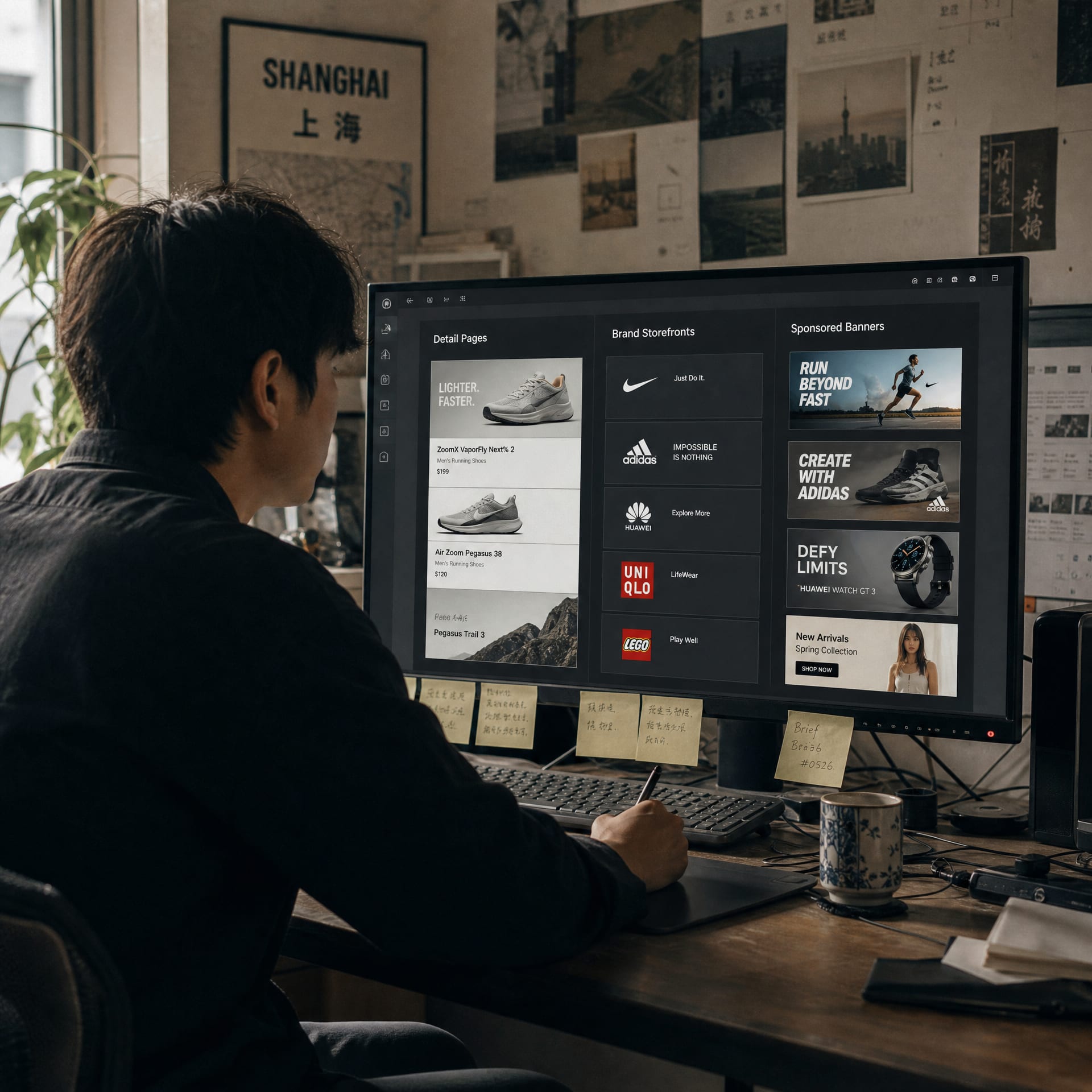 A producer at a wide reference monitor showing the Amazon advertising console creative library, three columns of detail-page, Brand Store and Sponsored Brands assets tagged Product, Store and Ads.