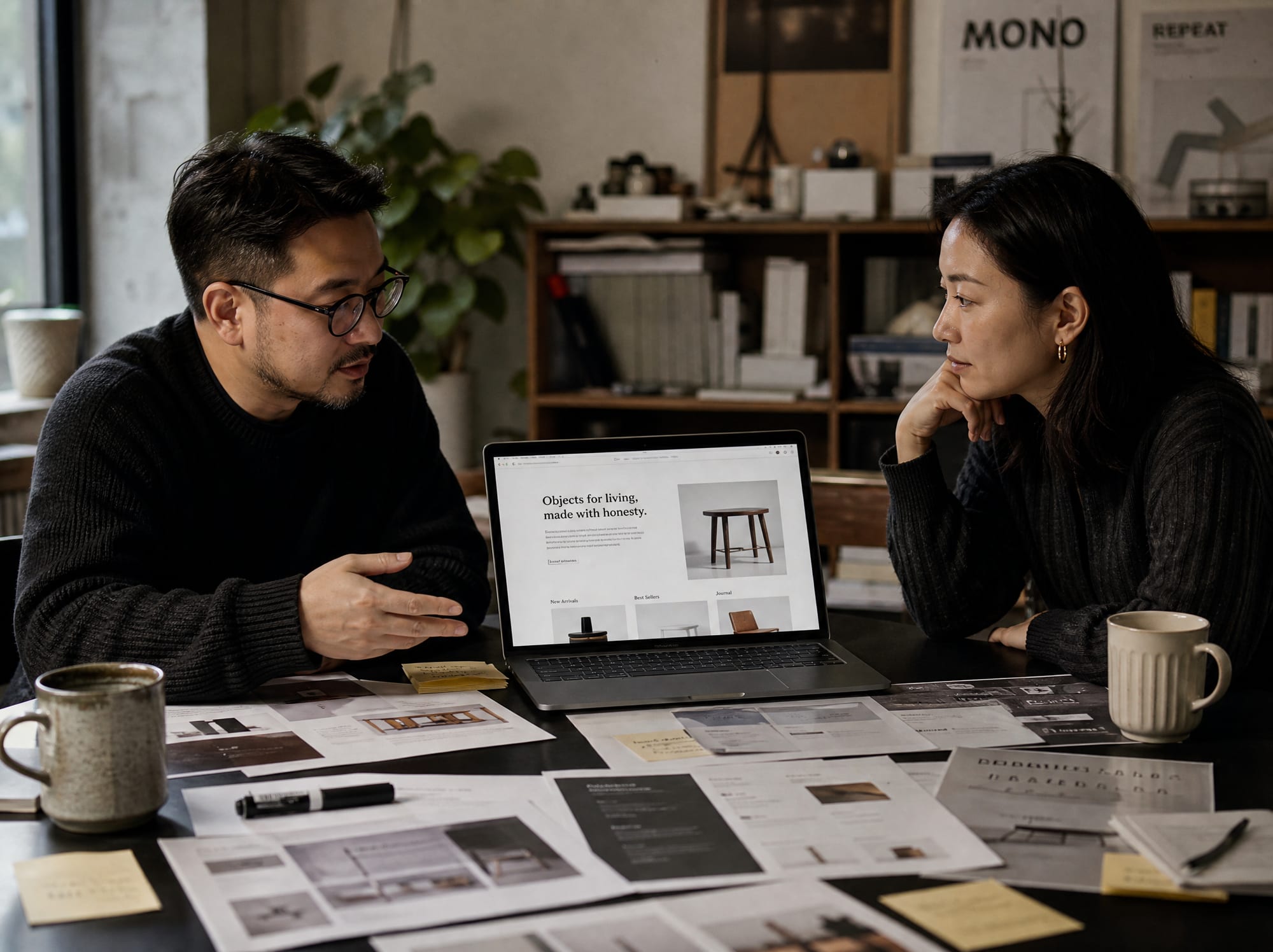 A creative director and a brand lead at a studio table, a laptop between them showing an Amazon Brand Store layout alongside printed product detail page and A+ Content screenshots.