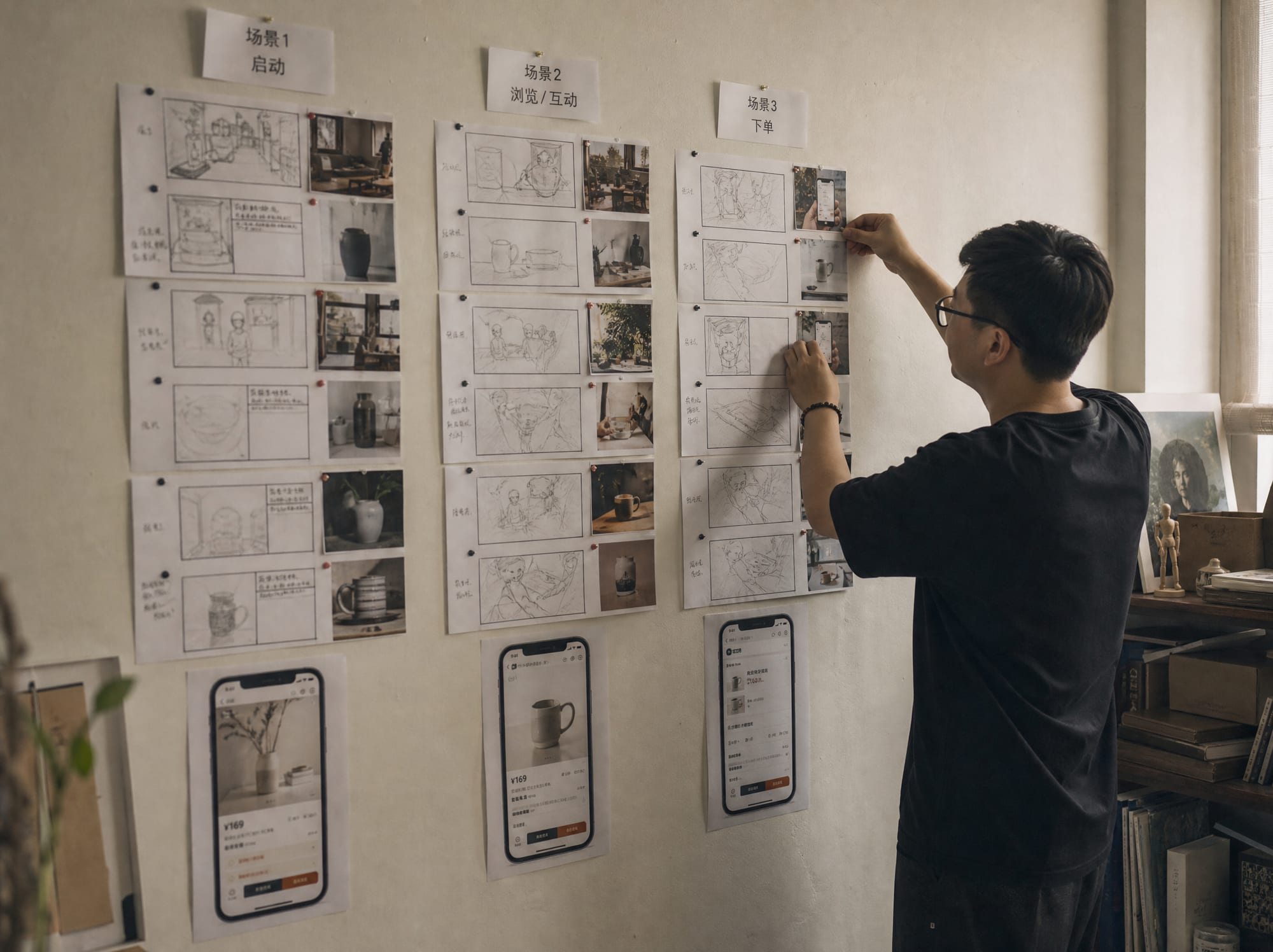 A storyboard wall with three columns of frame sketches labeled Product, Store and Ads, each column anchored by a printed Amazon product detail page mock.