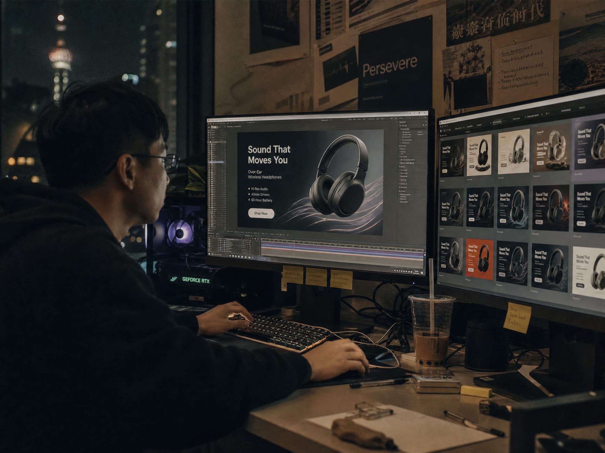 A motion designer at a calibrated workstation, the main monitor showing a single Amazon A+ Content hero module, the side panel showing the Amazon advertising console creative library grid of variants.