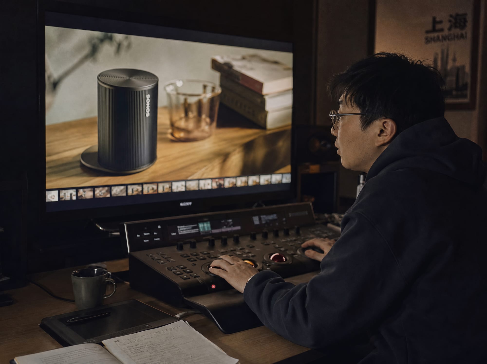 A colorist at a calibrated grading suite, the main reference monitor showing a warm Amazon lifestyle listing image paused on a product still, the gallery thumbnail strip visible at the screen edge.
