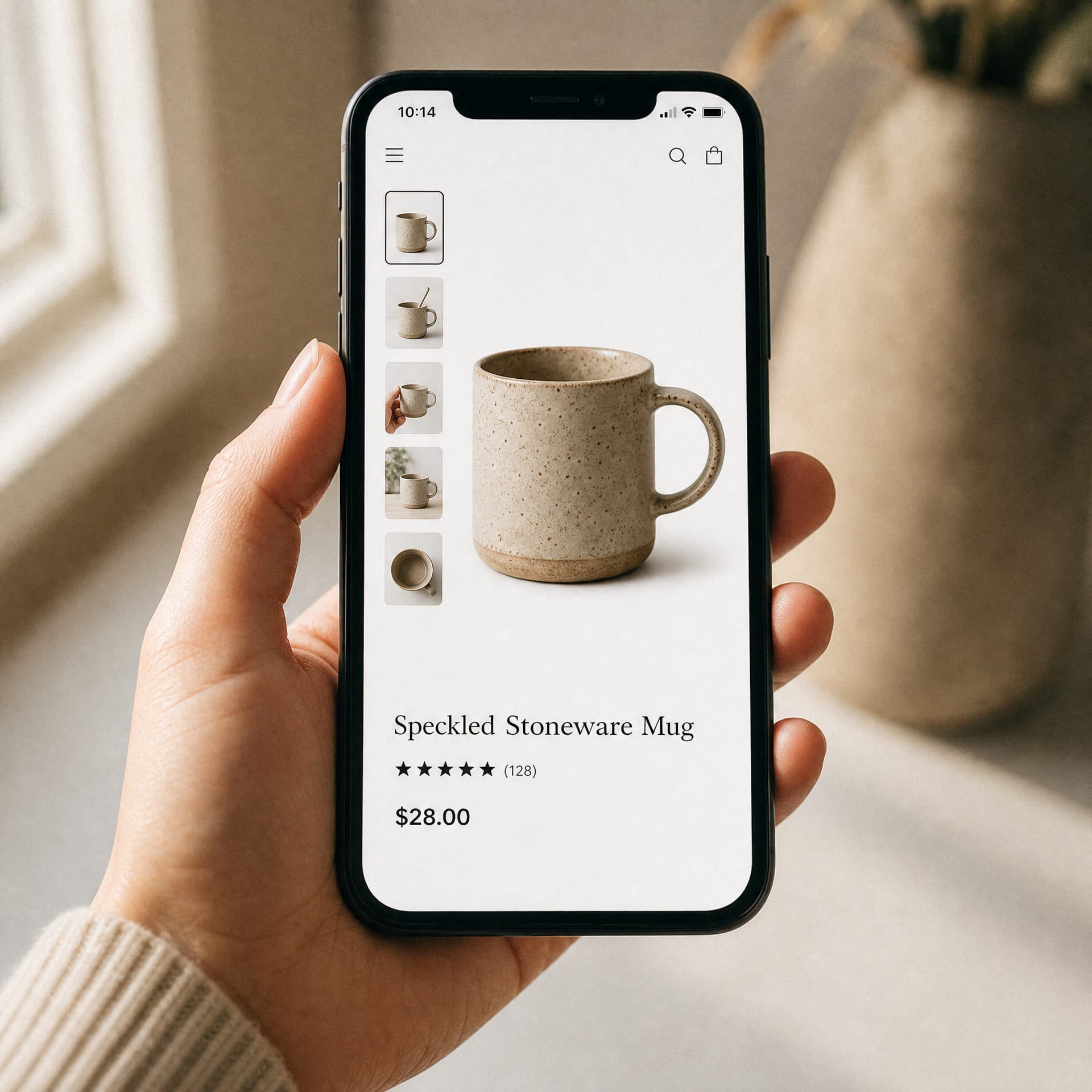 A vertical phone held in soft window light, the screen showing an Amazon product detail page with the large main image on white and the vertical strip of gallery thumbnails beside it.
