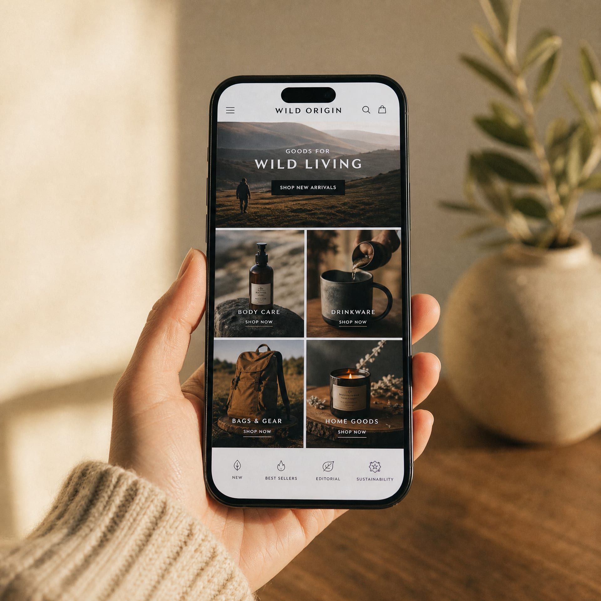 A phone held vertically, the screen displaying an Amazon Brand Store homepage, a brand header banner above a grid of shoppable category tiles.