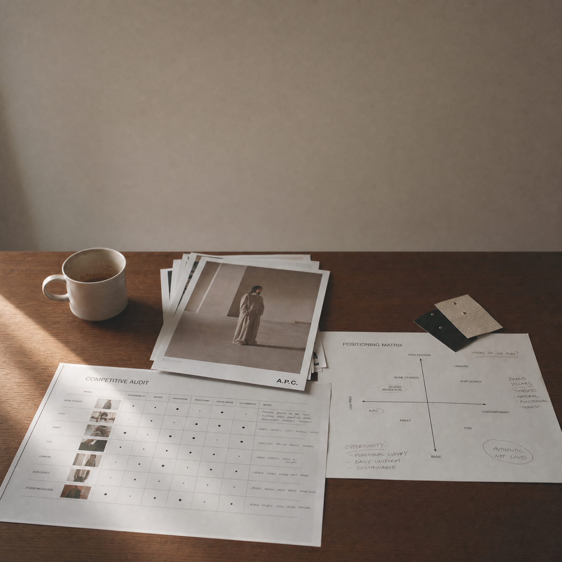 A strategy session table with a printed audit grid, a positioning matrix marked up in pencil, tear sheets and colour chips.
