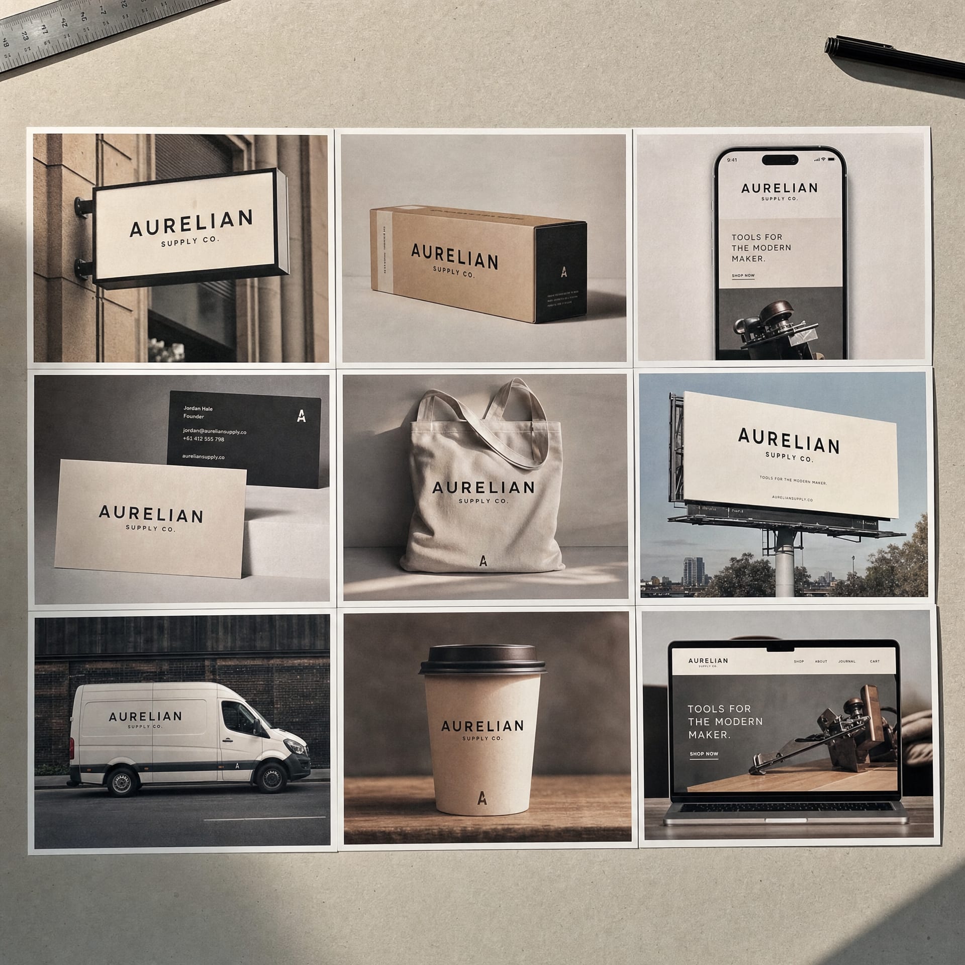 A flat contact-sheet grid of nine printed variations of the same wordmark applied across nine real-world contexts.