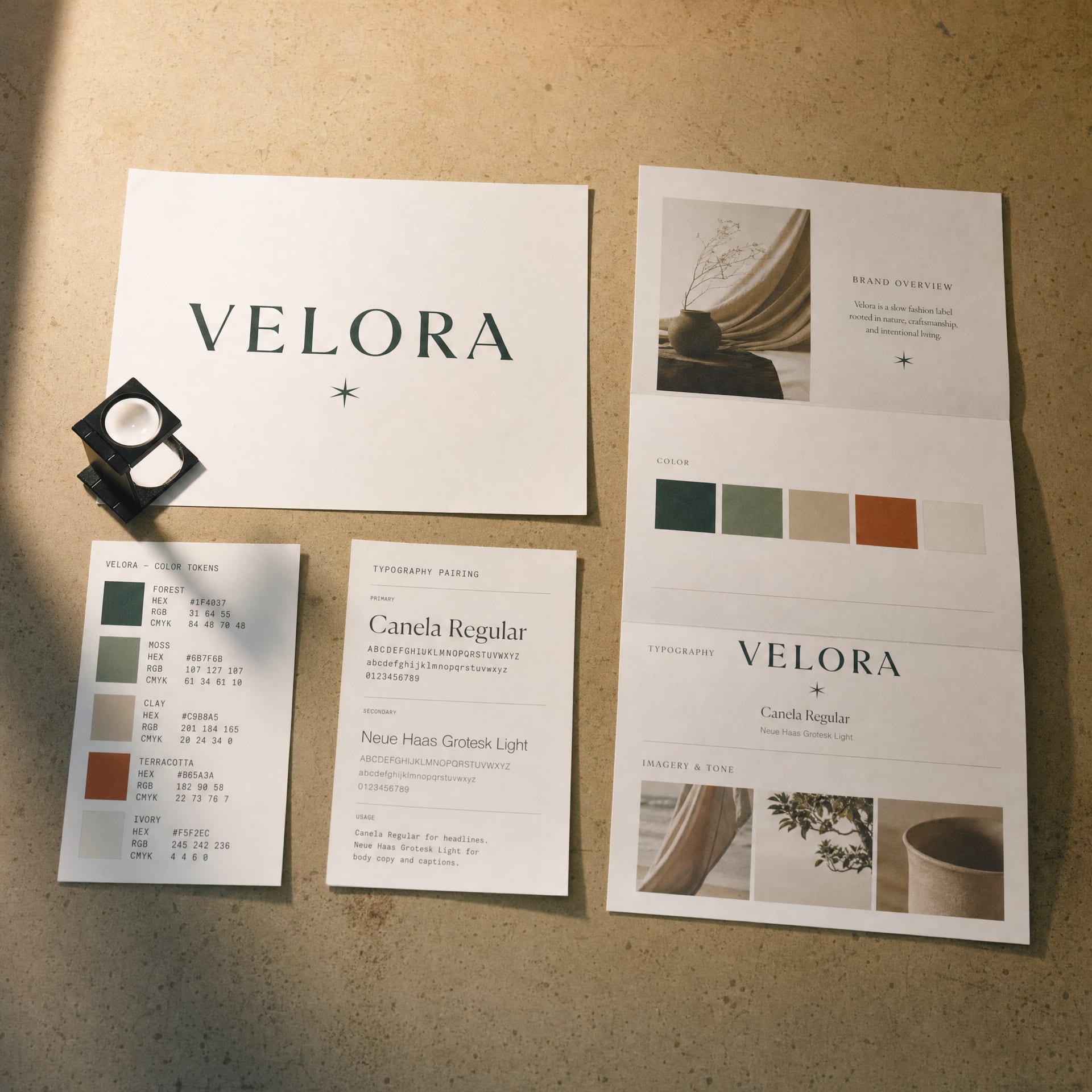 A refined printed wordmark on a worktable beside a colour-token sheet, a type-pairing specimen and a loupe magnifier.