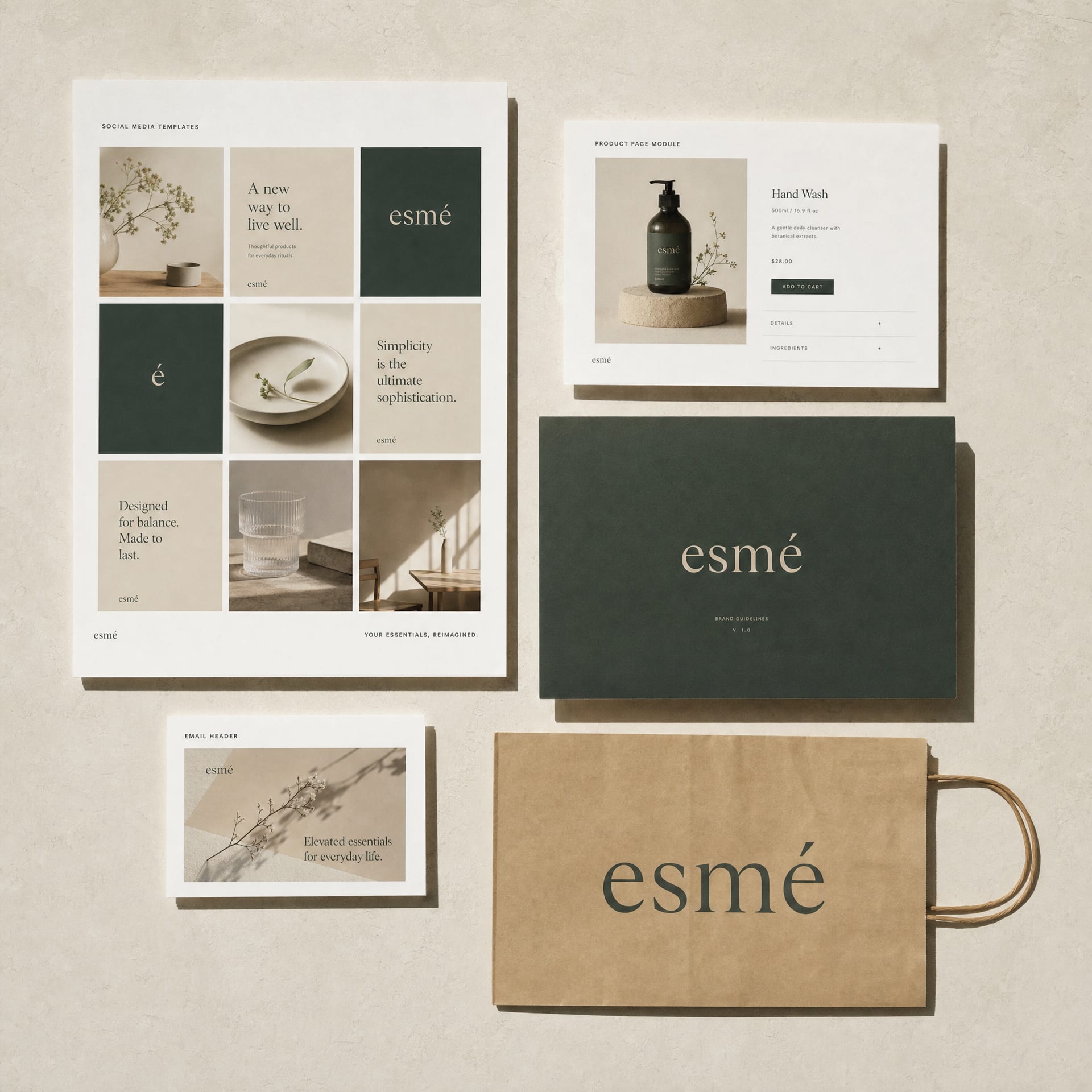 A flat-lay of brand rollout assets: social templates, product page module, deck cover, email header card, carrier bag.