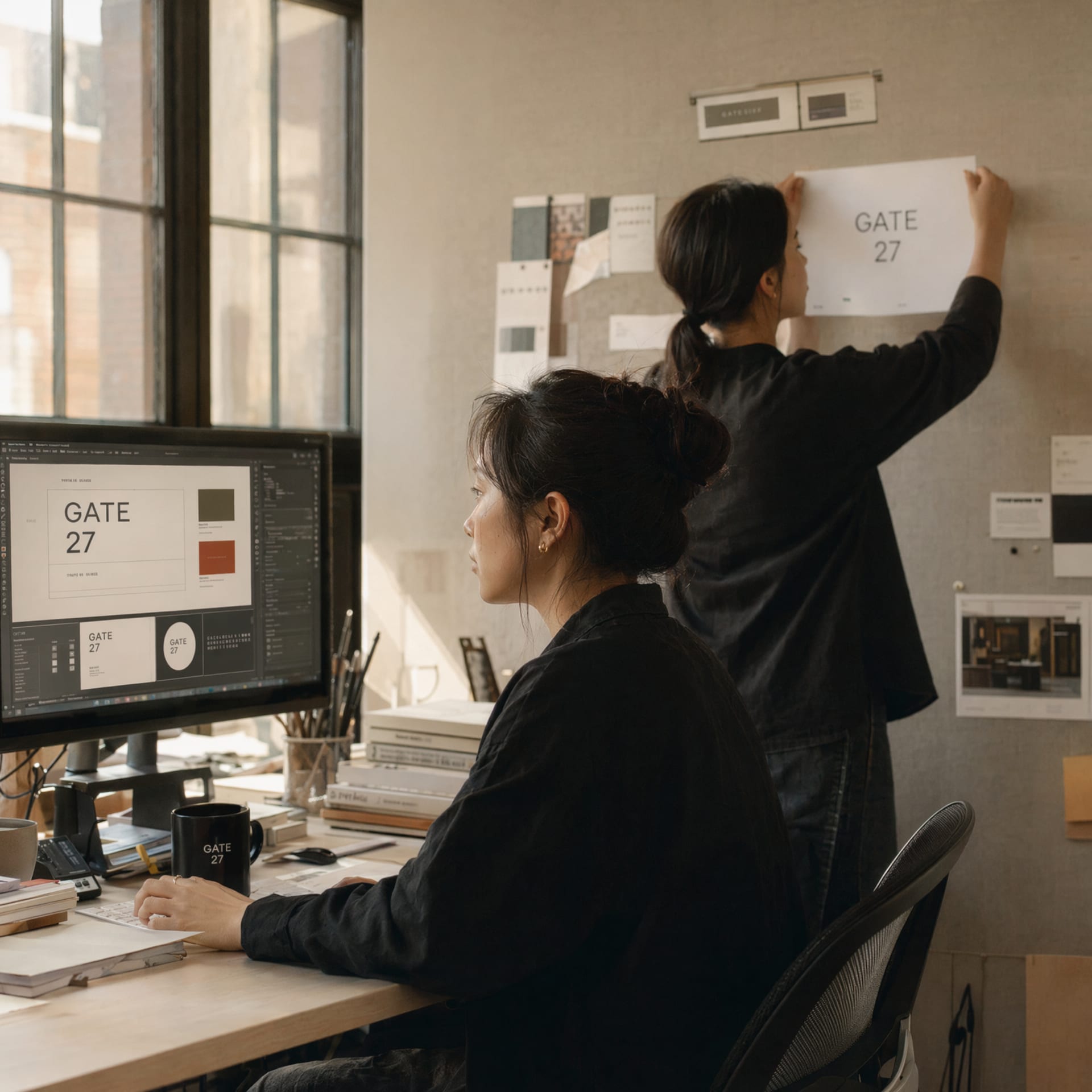 A designer at a monitor reviewing a brand identity layout, another designer pinning a printed proof to a fabric board behind them.