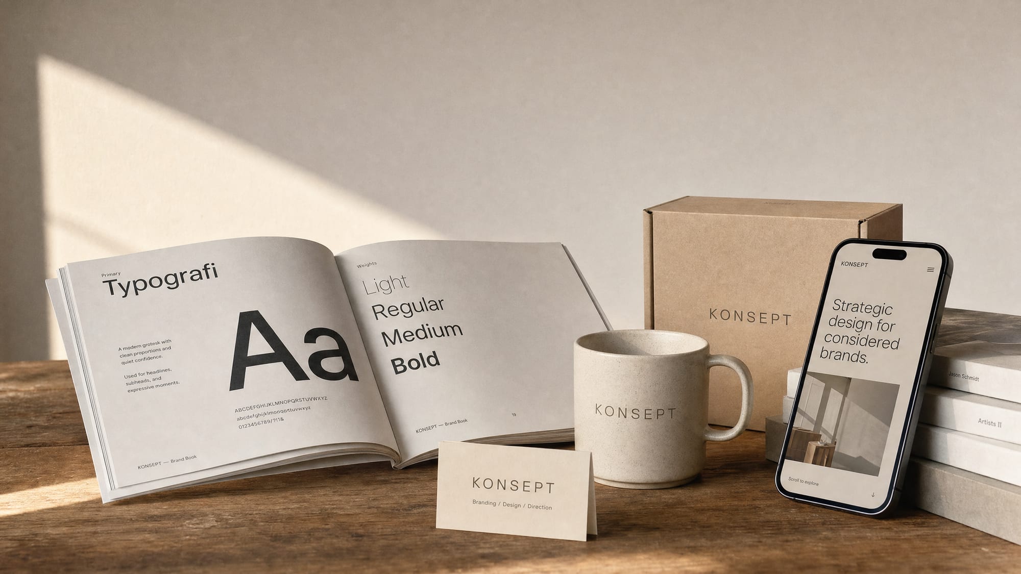 One coordinated brand identity carried across a brand book, business card, mug, carton and a website hero on a phone.