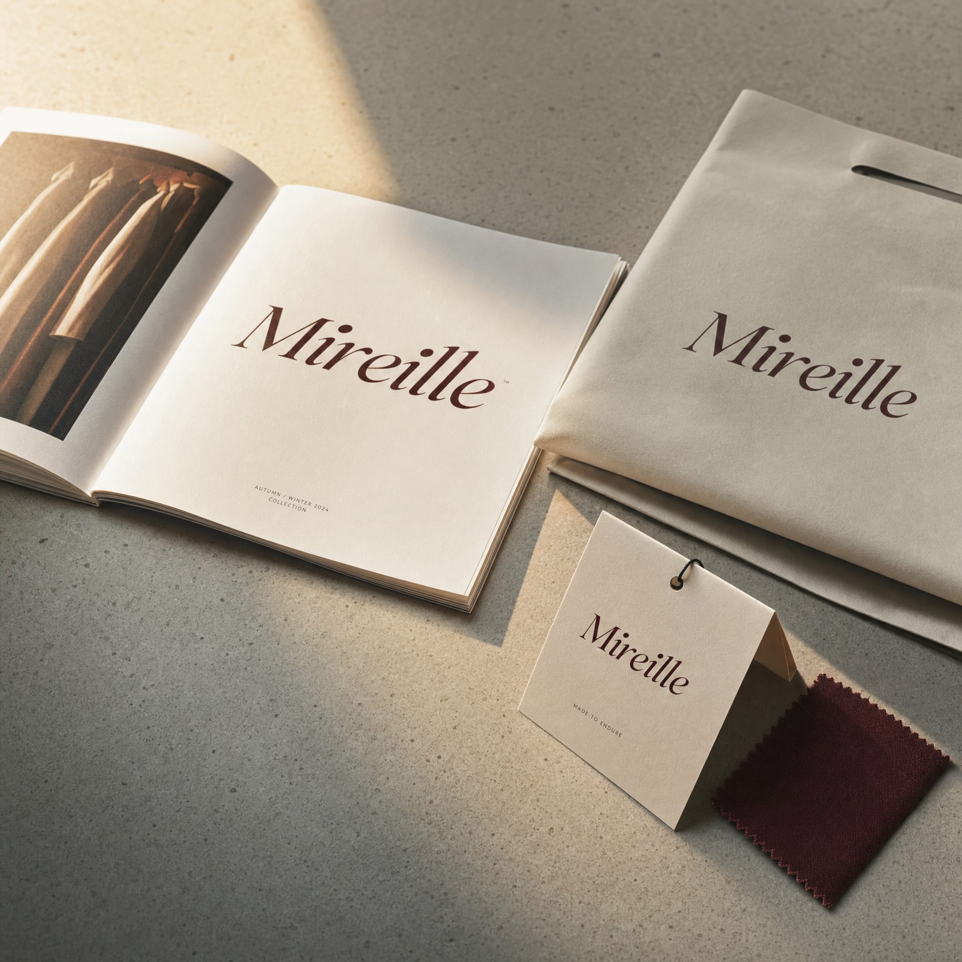 A Mireille lookbook spread, a folded ivory garment-bag tag and an oxblood fabric swatch on a worktable.