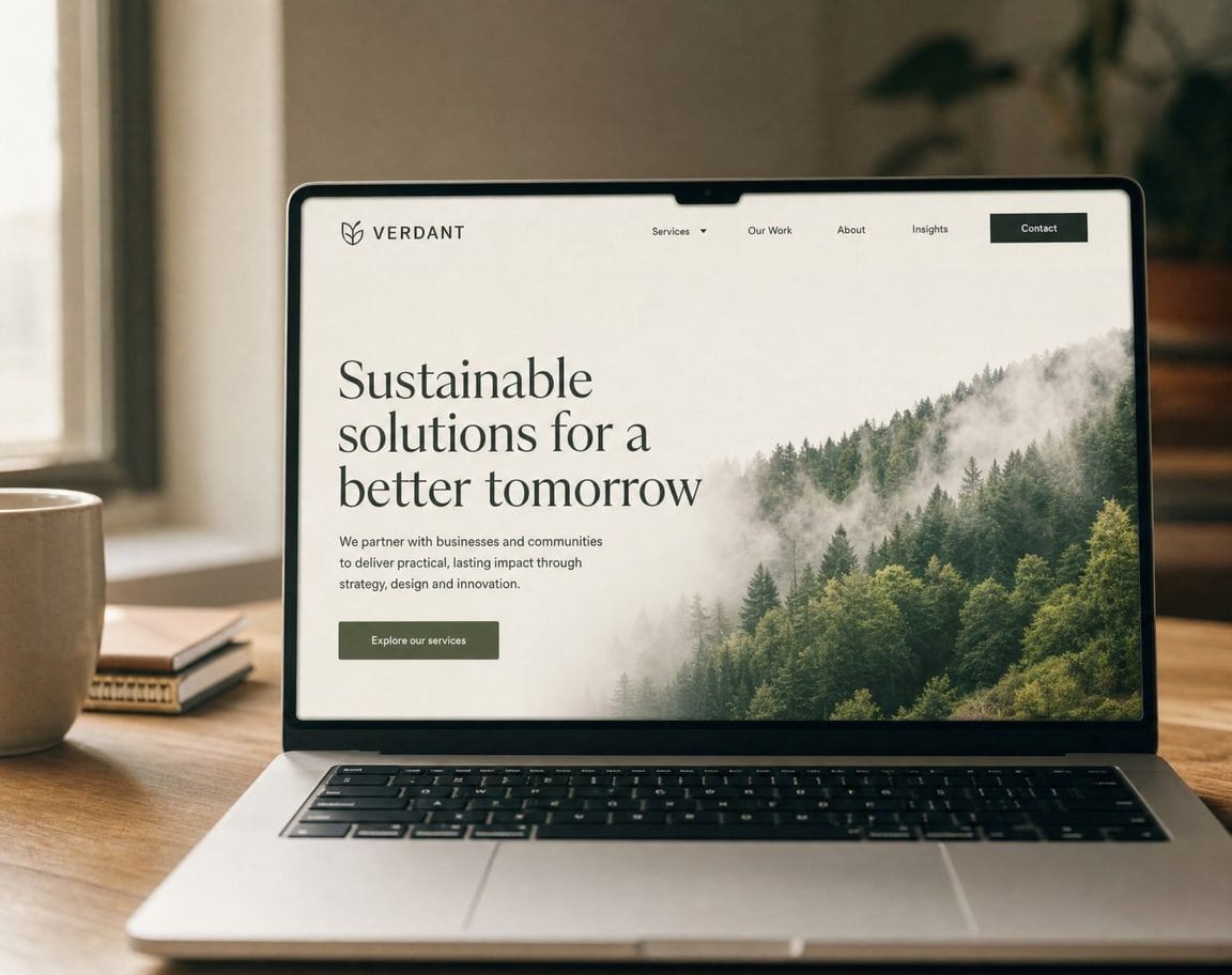 An open laptop on a studio desk, the screen filled with a company website homepage, a top navigation menu, a large headline, a short intro paragraph and a call-to-action button.