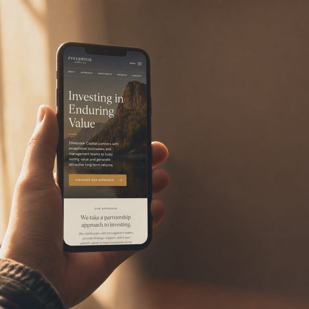 A hand holding a phone in warm rim light showing a company website homepage.