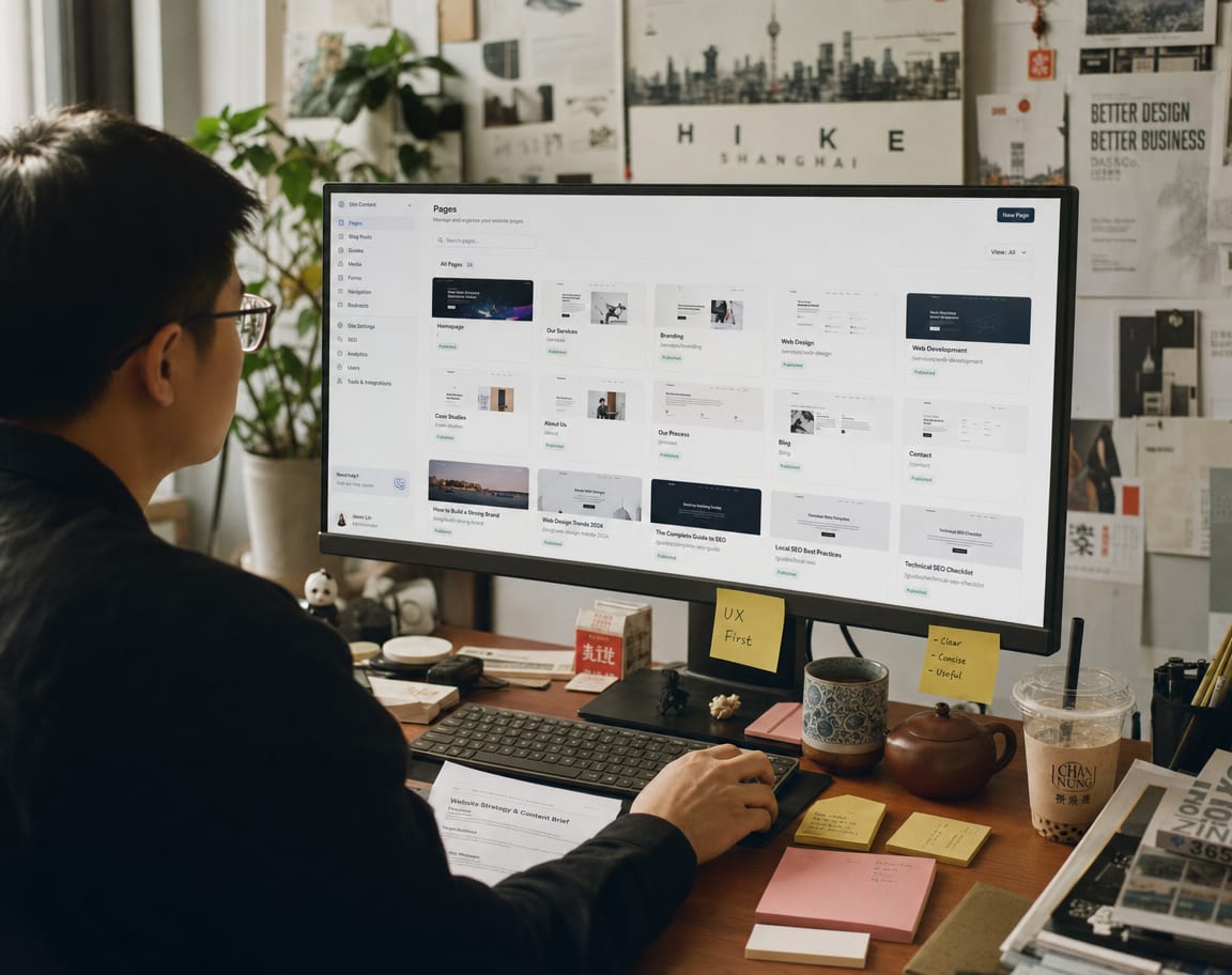 A producer at a wide reference monitor showing a company website admin view, columns of page previews for the homepage, the offering pages, the blog and the SEO library arranged in a grid.