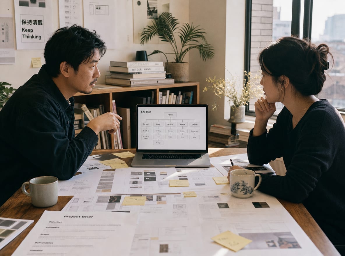 A Chinese creative director and a Chinese brand lead at a studio table, a laptop between them showing a website sitemap diagram alongside printed page layouts.
