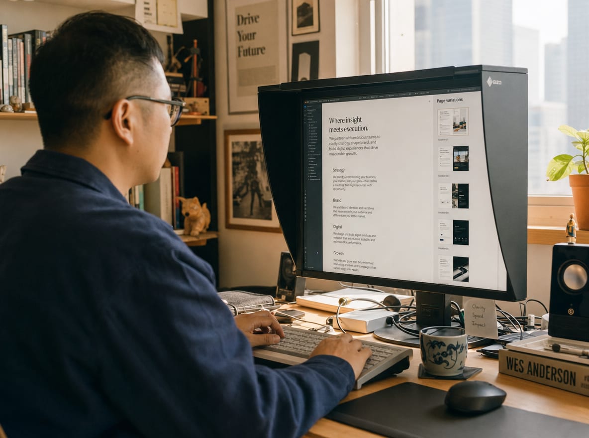 A Chinese editor at a calibrated workstation, the main monitor showing a company website page draft in an editing view, the side panel showing a list of generated page variations.