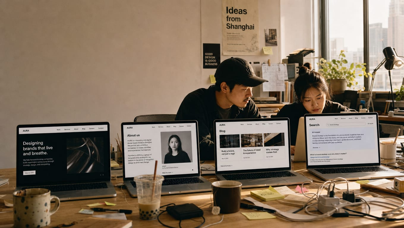 A wide editorial shot of two designers at a daylit studio table, four laptop screens lined up showing a company website homepage, an about page, a blog article and a search results page with an AI answer panel, one per content lane.