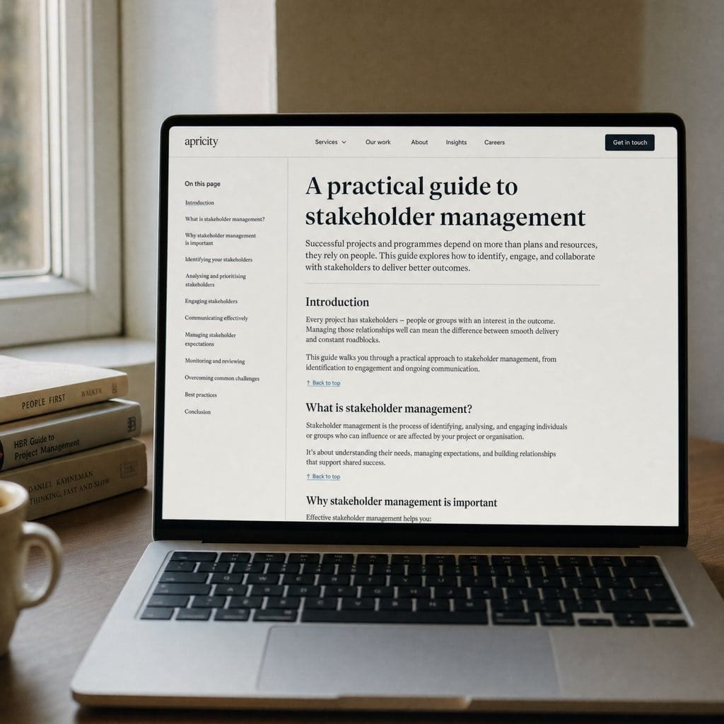 A laptop screen showing a long-form guide page on a company website, a headline, a table-of-contents list on the left and a column of body text with subheadings on the right.