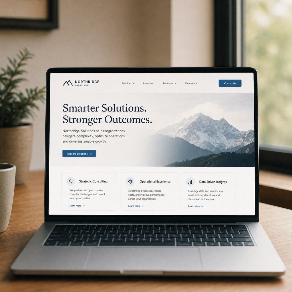 A laptop screen filled with a company website homepage, a top navigation menu, a large headline, a short paragraph and a call-to-action button, a band of feature cards below.