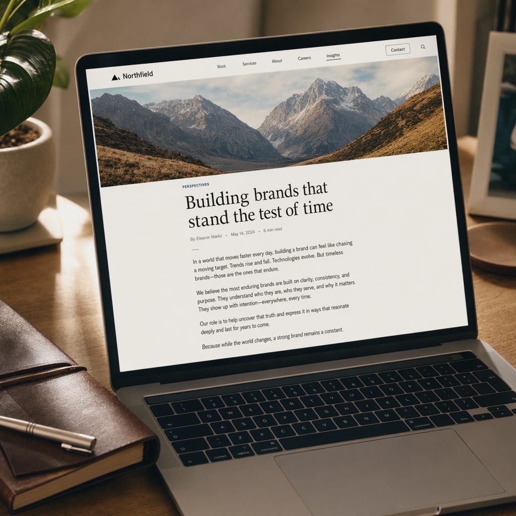 A laptop screen showing a company website blog article, a large headline, a byline line and a single column of body text below a wide header image.