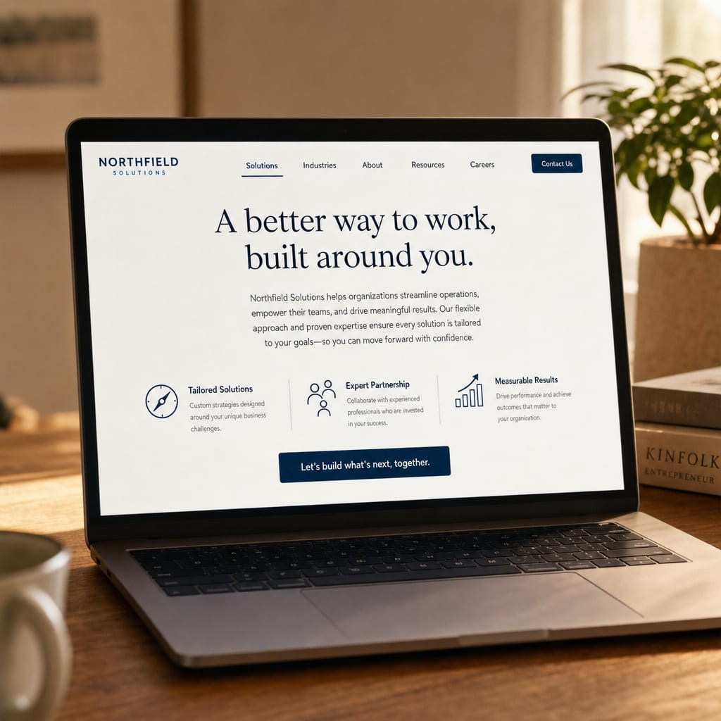 A laptop screen showing a company website solution page, a headline, a block of explanatory text, a row of three feature points and a call-to-action button.