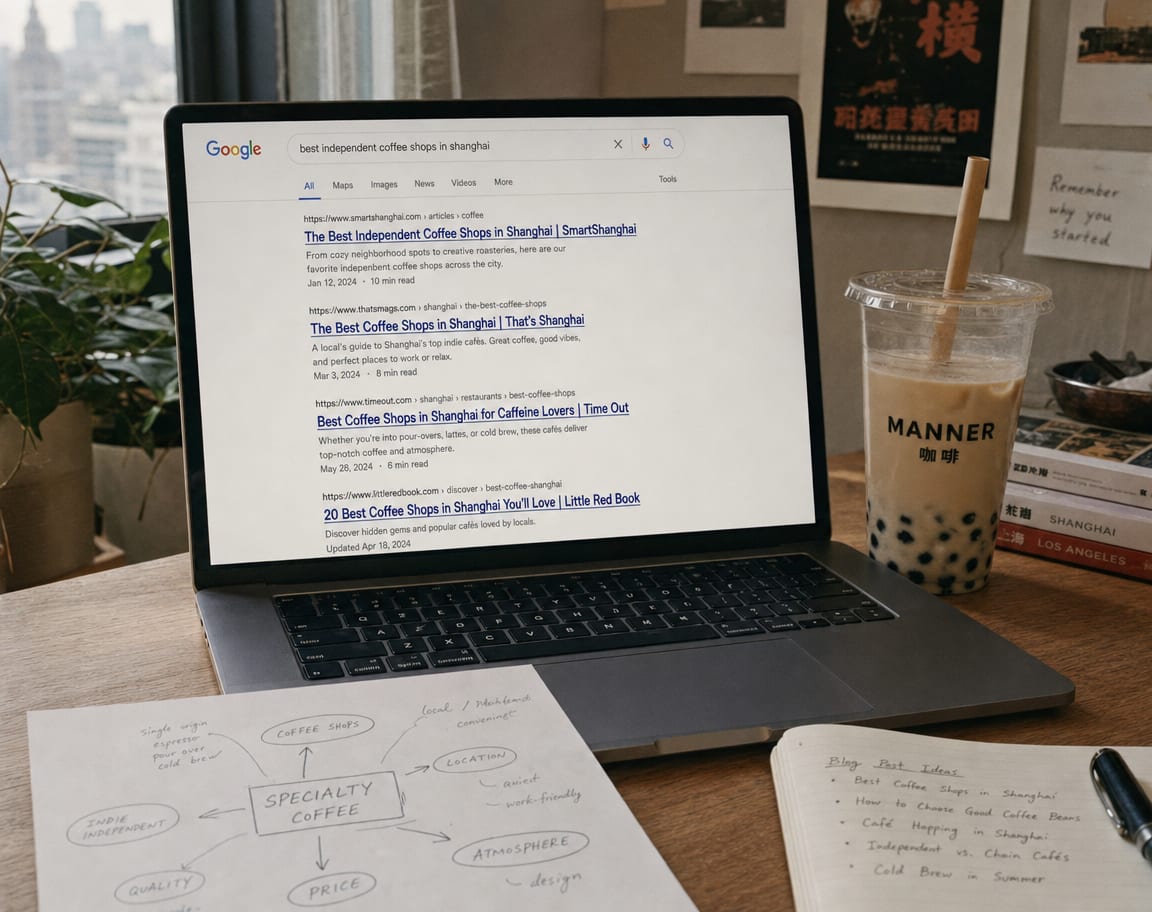 An open laptop on a studio desk, the screen showing a Google search results page, a list of blue link entries with titles and gray snippet text, a search box at the top.