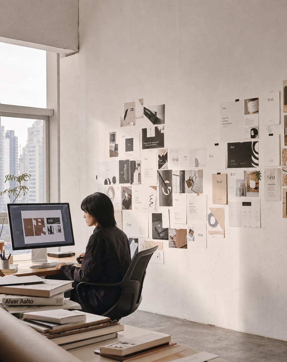 A brand marketing team reviewing a wall of multi-market campaign visuals in a sunlit studio.