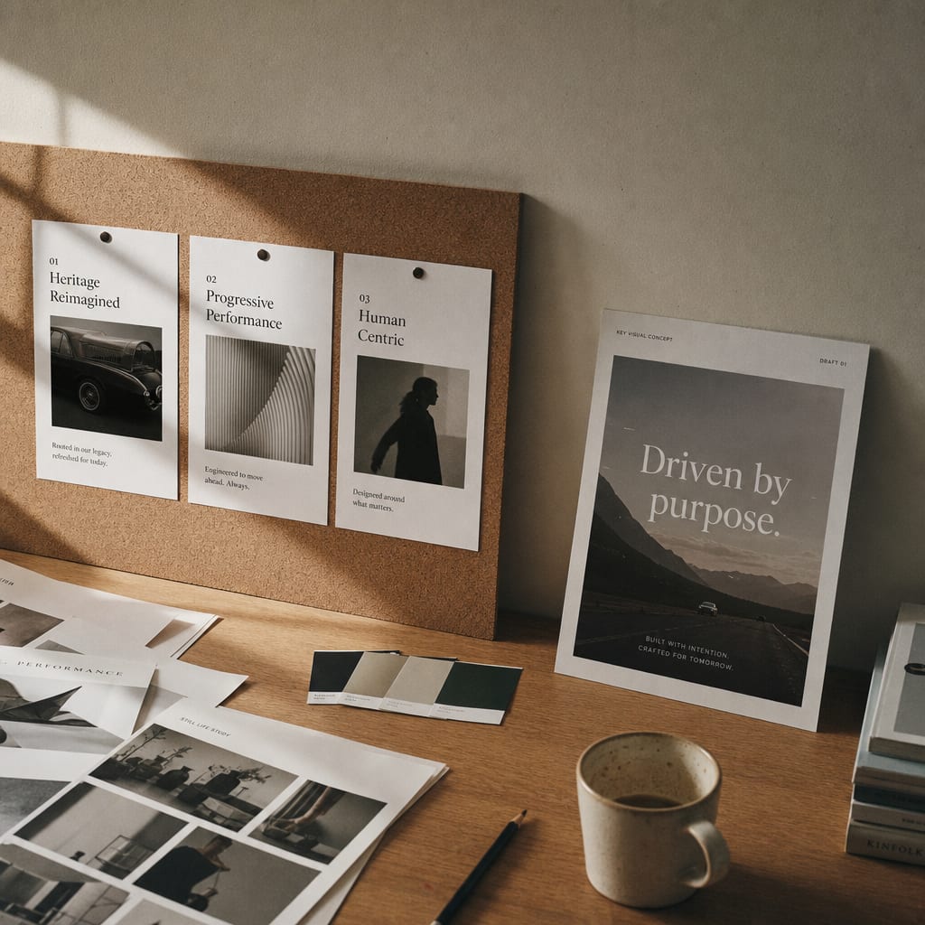 A studio worktable with three printed creative-territory cards pinned above it, tear-sheets and a key-visual mockup leaned to the right.