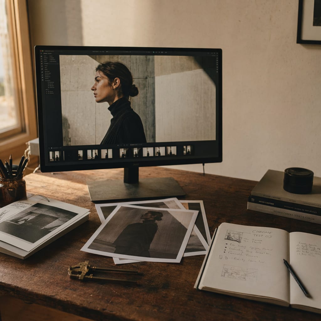 A monitor on a worktable showing a single photoreal hero key visual mid-review, beside printed references and color-graded test prints.