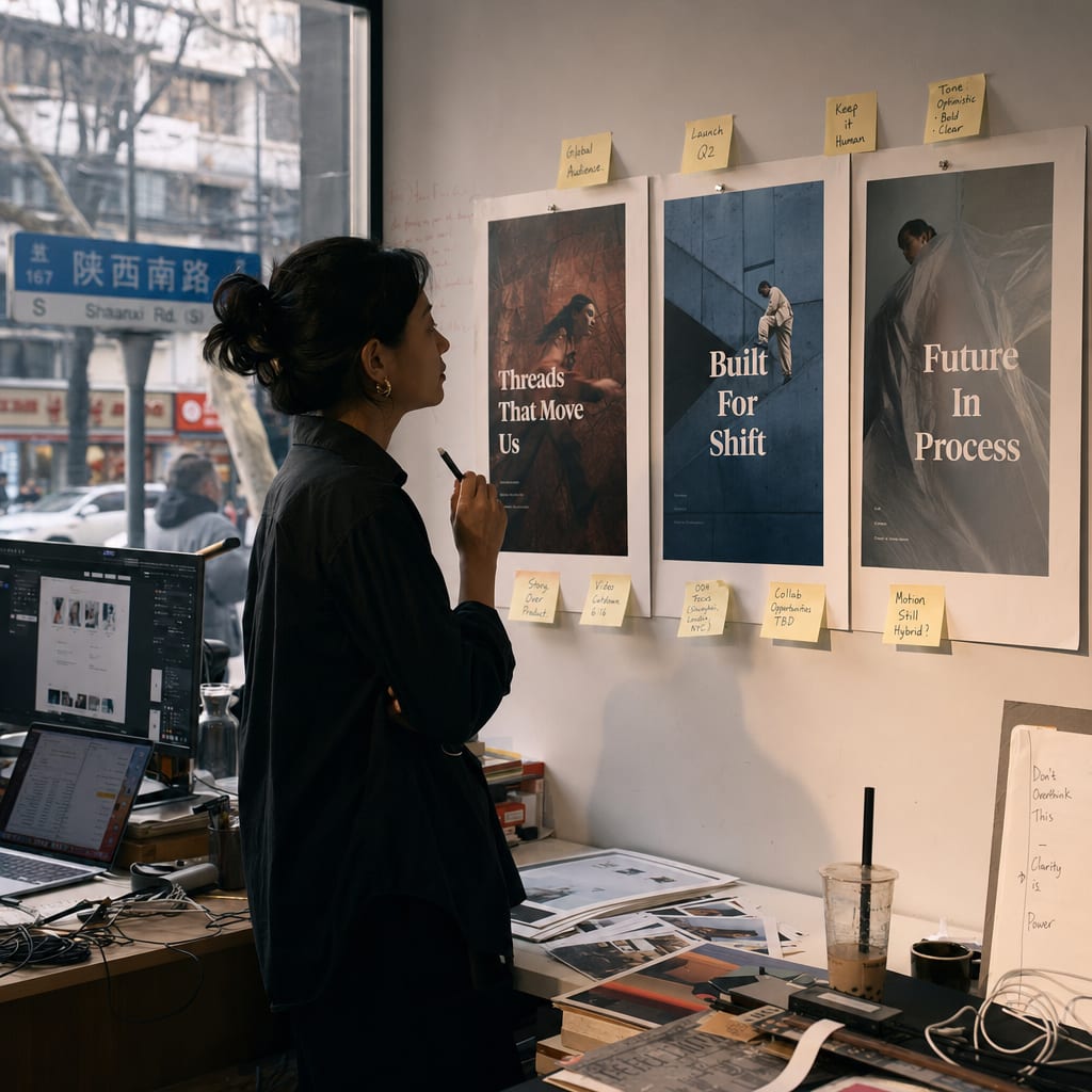 A creative director reviewing printed campaign key-visual mockups pinned to a wall.