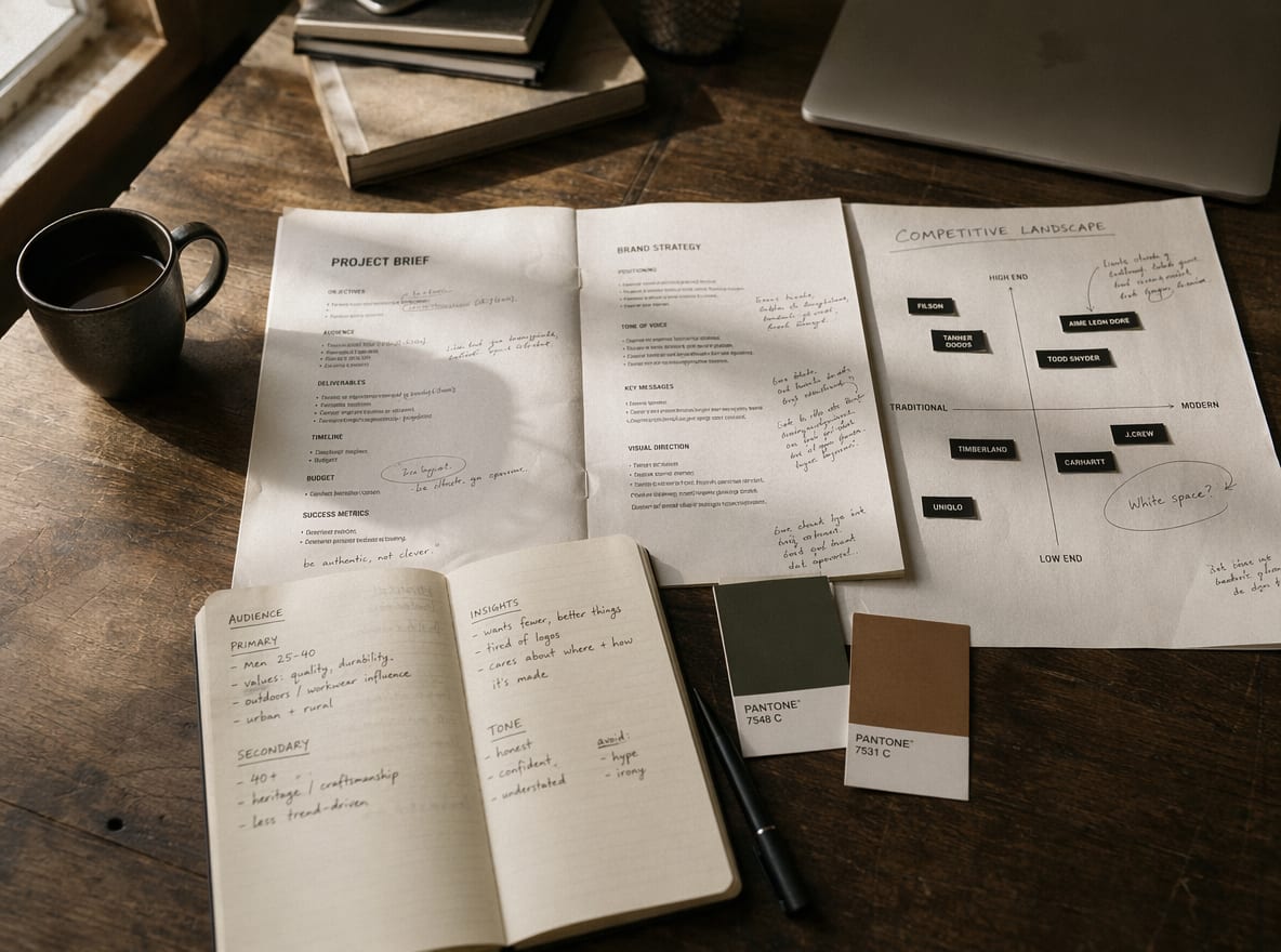 A studio worktable with a printed brief document, a competitive landscape map, a notebook open to audience notes, color chips and a coffee cup.